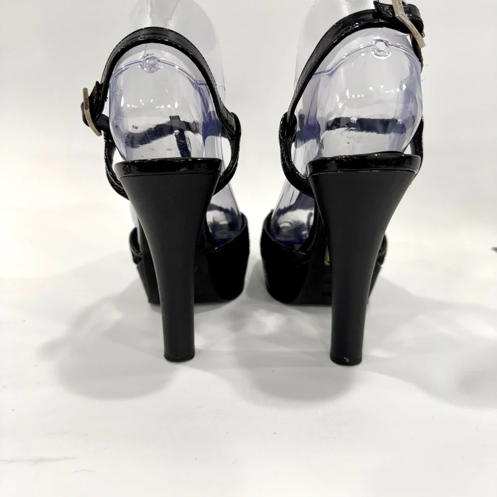 Fendi Black Patent Leather T Strap Platform Stiletto Heels Made in Italy Size 9